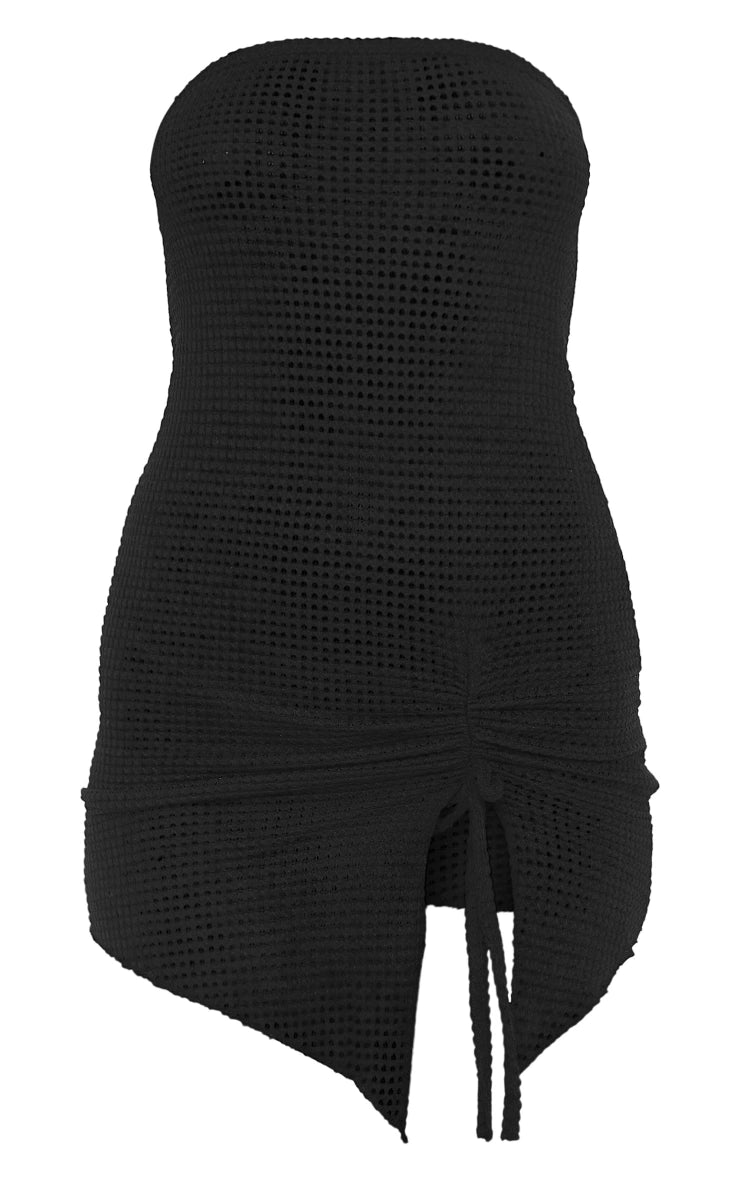 PRETTY LITTLE THING BLACK TEXTURED BANDEAU RUCHED BODYCON DRESS