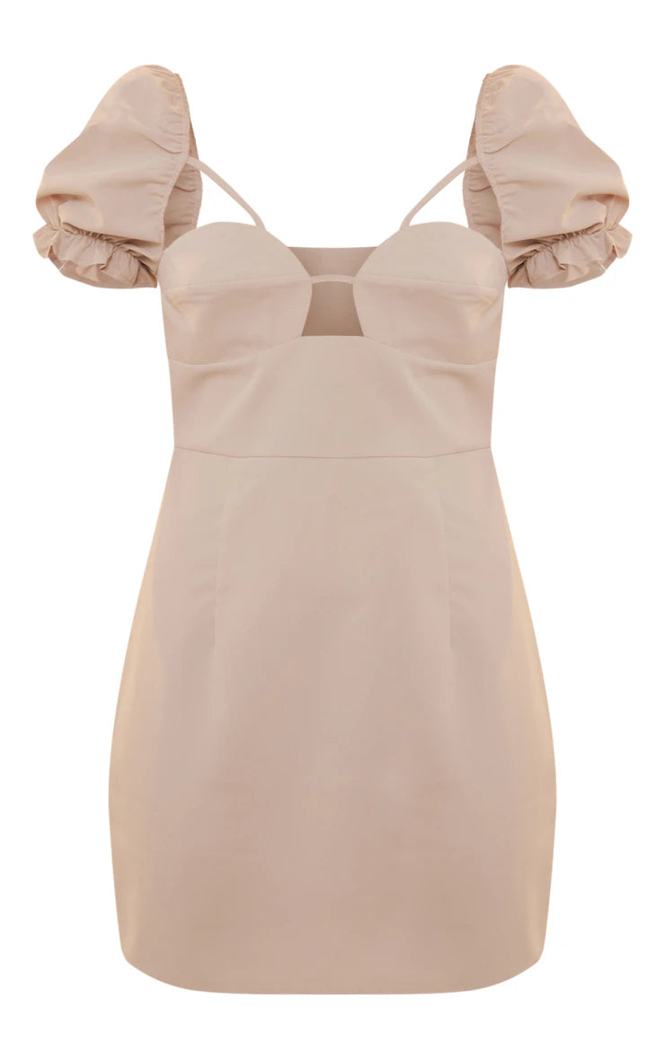 PRETTY LITTLE THING STONE PUFF SLEEVE CUP DETAIL CUT OUT BODYCON DRESS