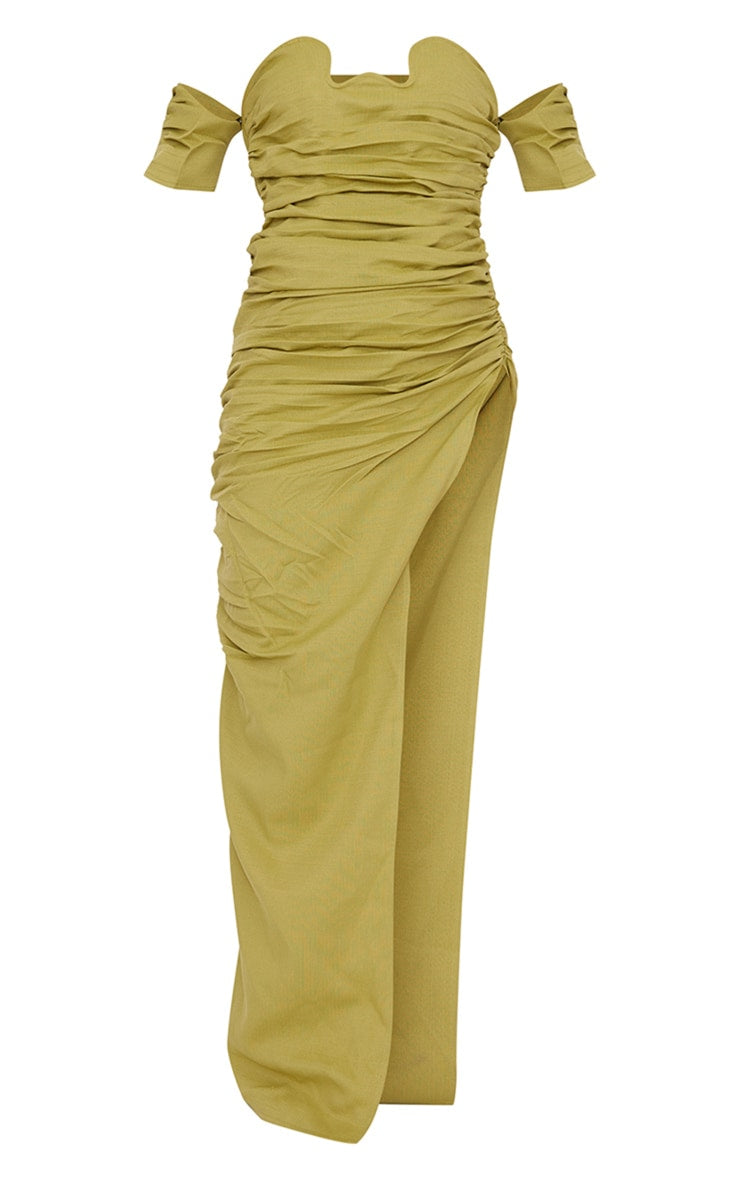 PRETTY LITTLE THING OLIVE TEXTURED BARDOT UNDERWIRED RUCHED MAXI DRESS