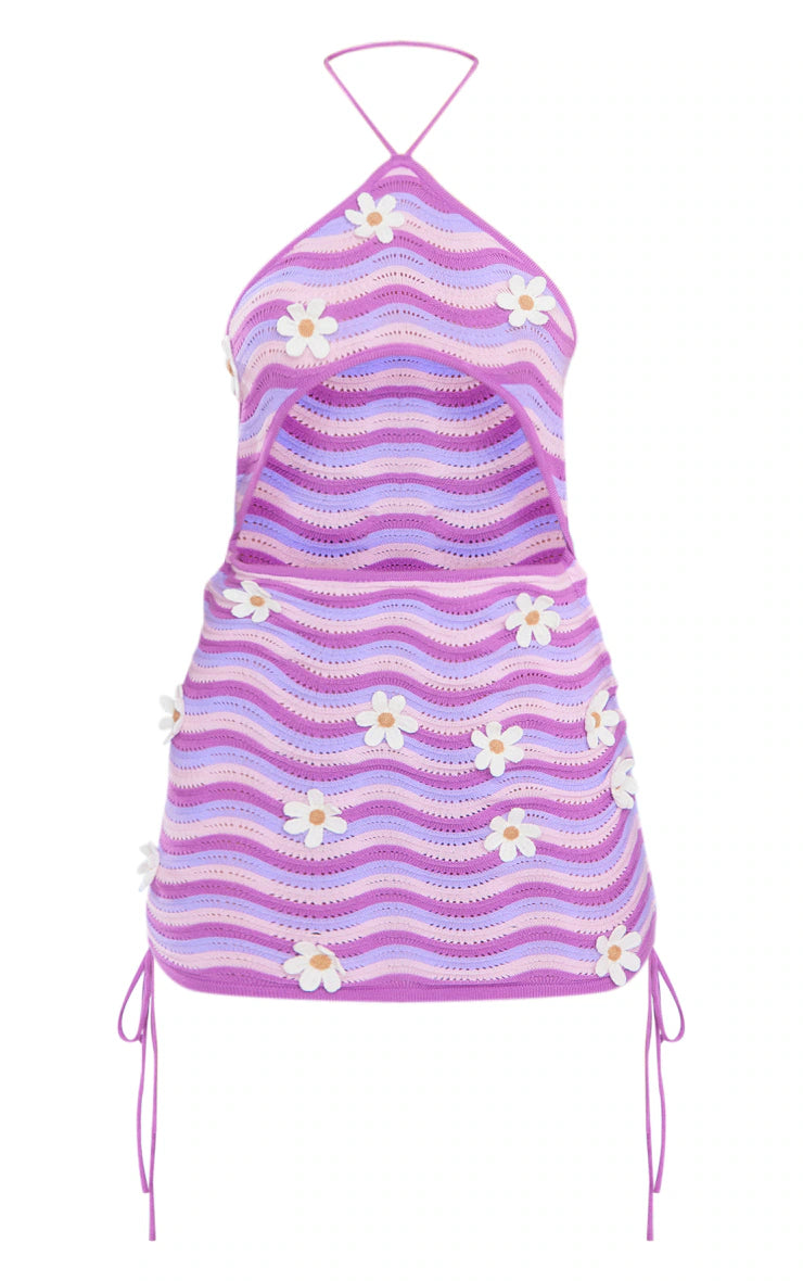 PRETTY LITTLE THING LILAC RIPPLE KNIT FLOWER MINI DRESS