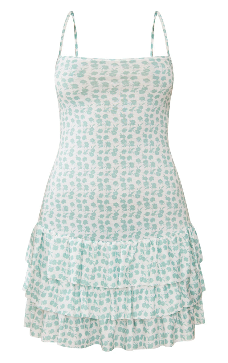 PRETTY LITTLE THING GREEN FLORAL STRAPPY TIERED SHIFT DRESS