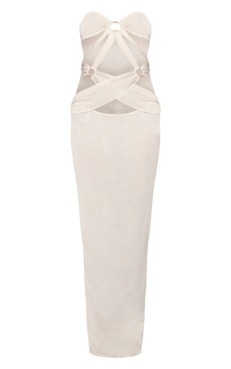 PRETTY LITTLE THING CREAM TEXTURED WOVEN RING DETAIL CUT OUT BANDEAU MAXI DRESS