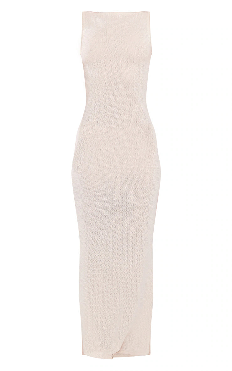 PRETTY LITTLE THING CREAM TEXTURED STRAIGHT NECK MAXI DRESS