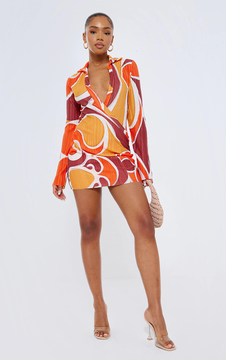 PRETTY LITTLE THING ORANGE BLURRED PRINT PLISSE PLUNGE DRAPE SHIRT DRESS