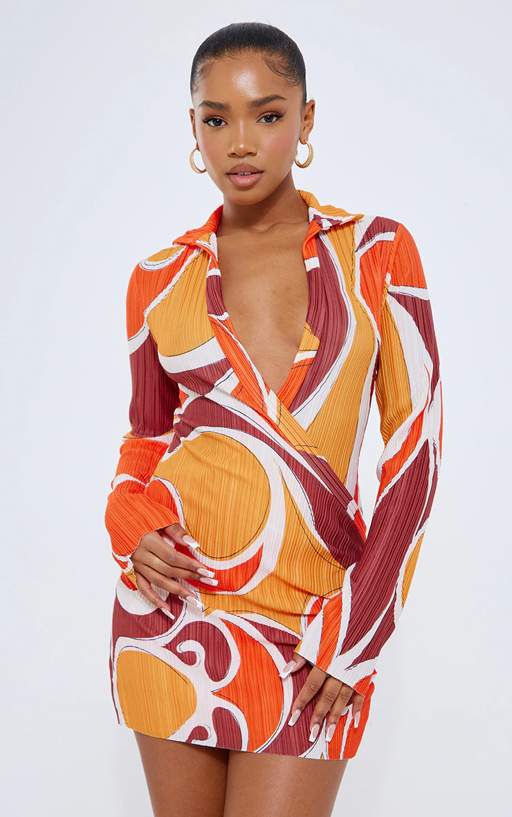 PRETTY LITTLE THING ORANGE BLURRED PRINT PLISSE PLUNGE DRAPE SHIRT DRESS