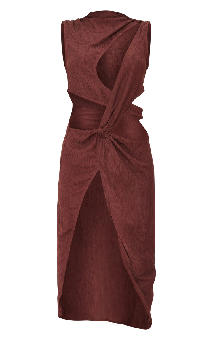 PRETTY LITTLE THING CHOCOLATE BROWN TEXTURED HIGH NECK CUT OUT TWIST FRONT MIDAXI DRESS