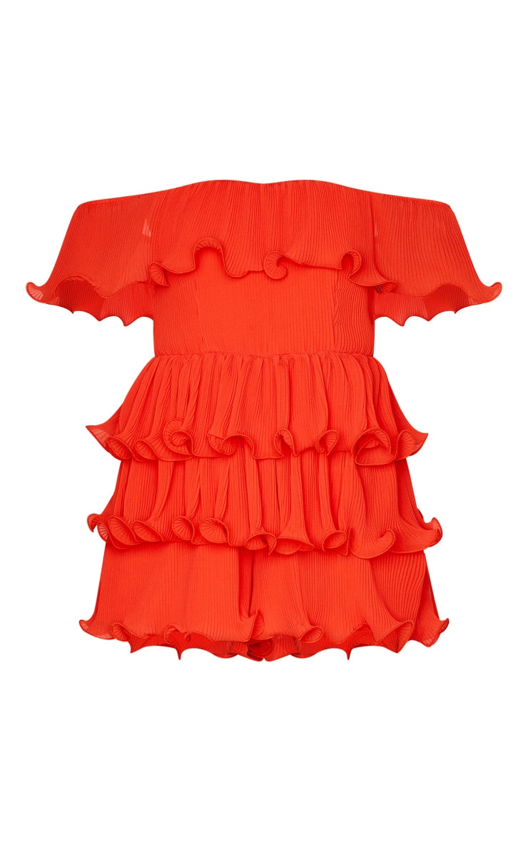 PRETTY LITTLE THING RED PLISSE FRILL DETAIL TIERED BANDEAU PLAYSUIT