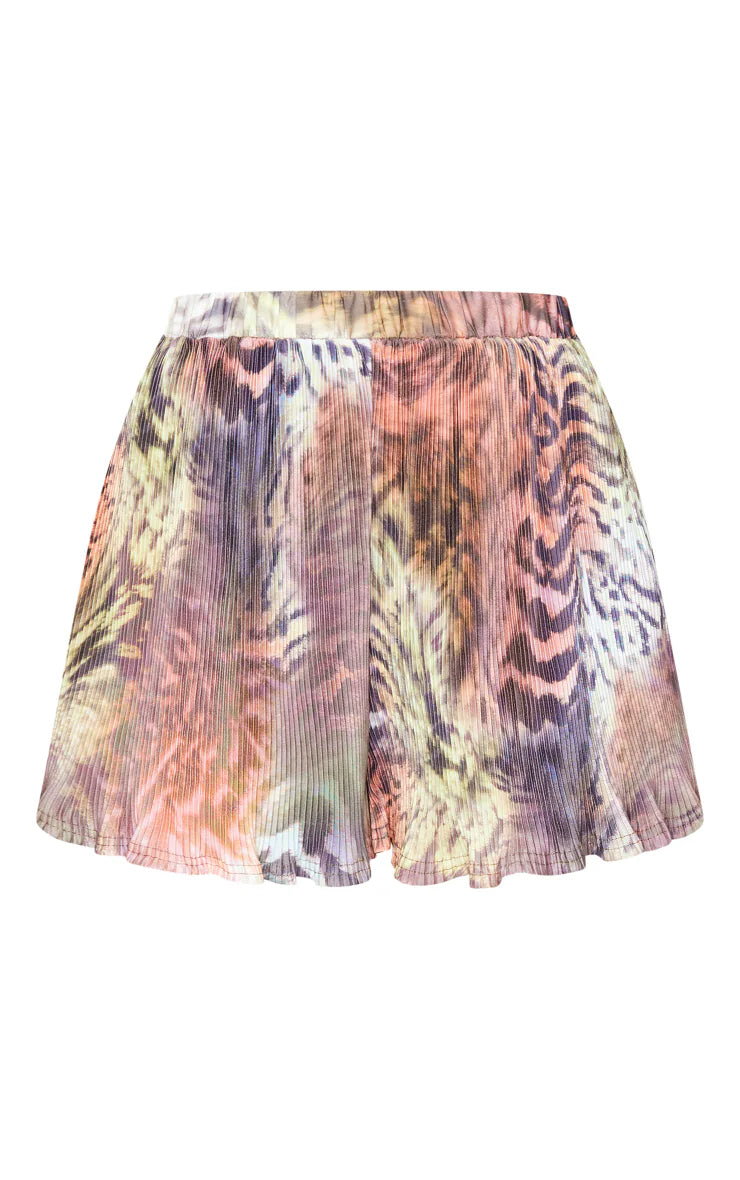 PRETTY LITTLE THING BROWN PRINT PLISSE HIGH WAISTED SHORTS