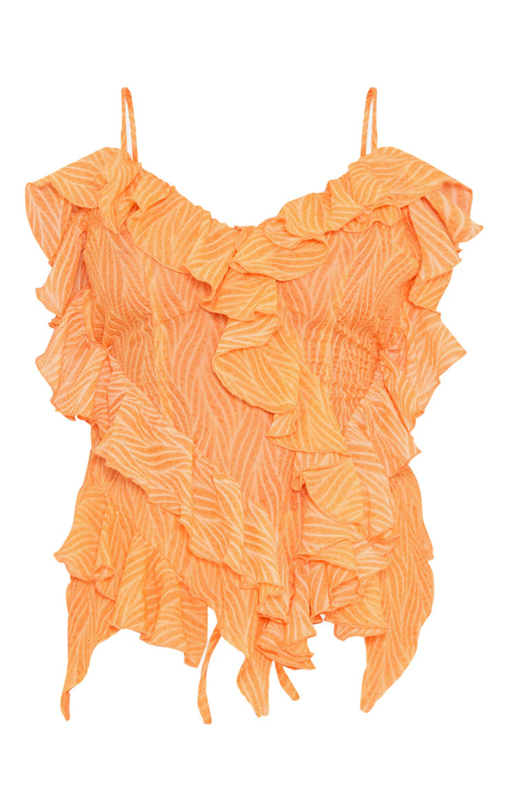 PRETTY LITTLE THING ORANGE ZEBRA PRINT TEXTURED CHIFFON RUFFLE HEM STRAPPY TOP