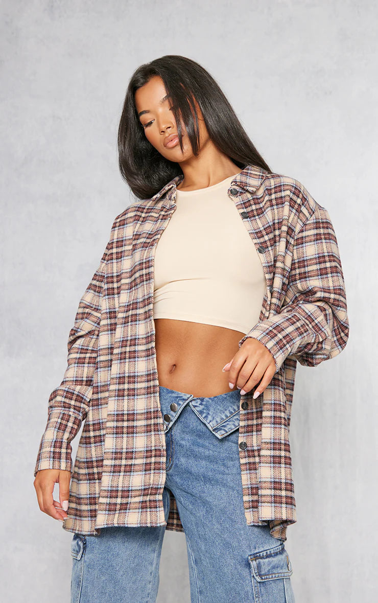 PRETTY LITTLE THING BROWN OVERSIZED FLANNEL SHIRT