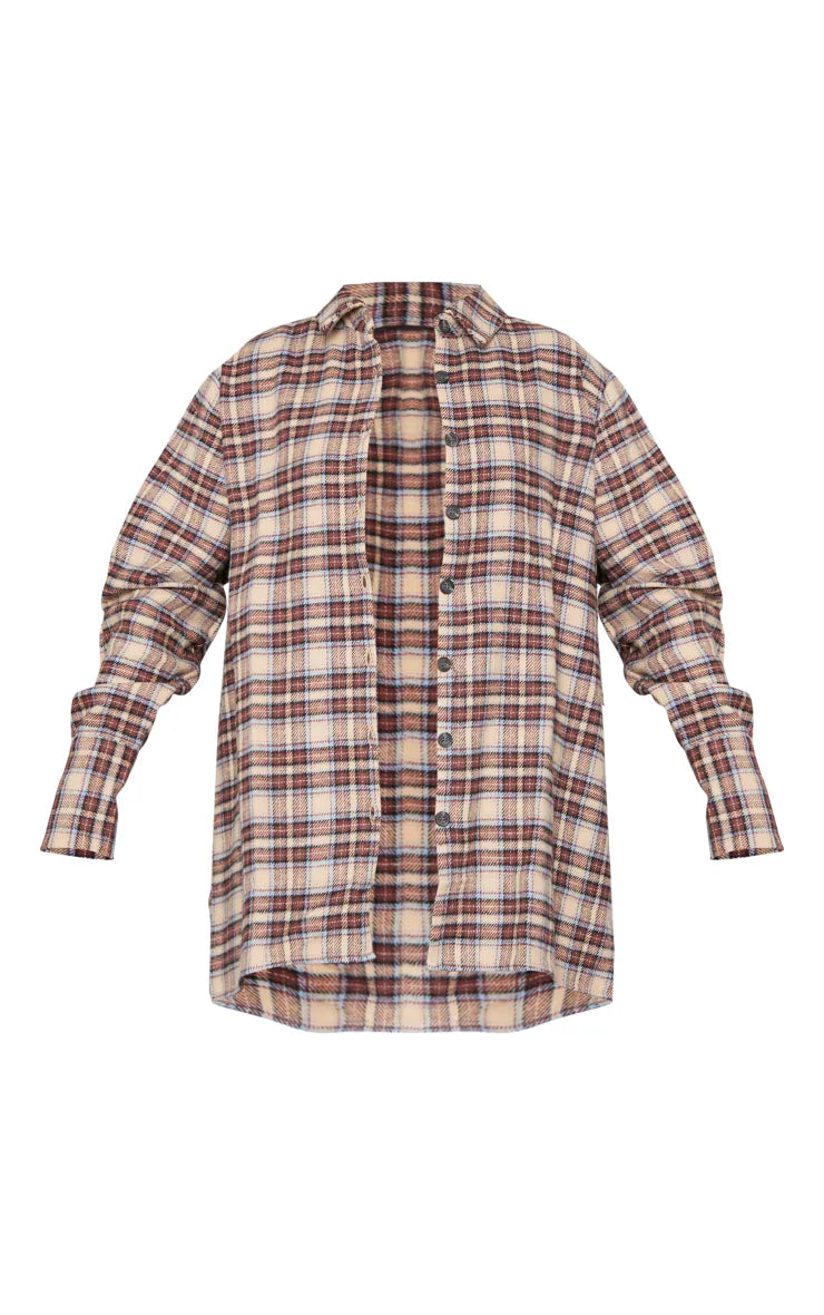 PRETTY LITTLE THING BROWN OVERSIZED FLANNEL SHIRT