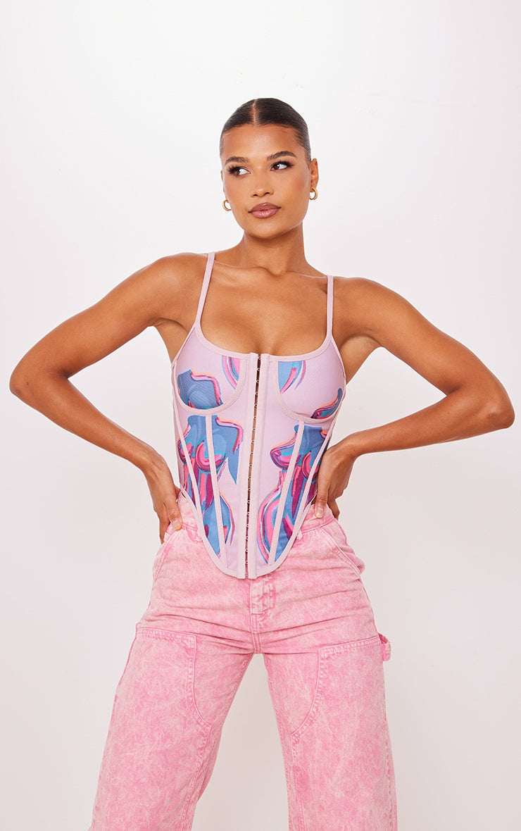 PRETTY LITTLE THING PINK BODY PRINT BANDAGE HOOK AND EYE CORSET