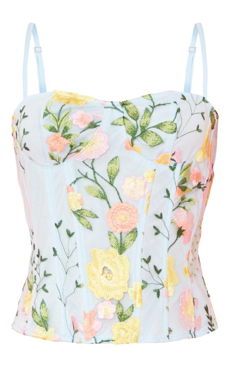 PRETTY LITTLE THING BABY BLUE FLORAL EMBROIDERED STRAPPY BONED CORSET