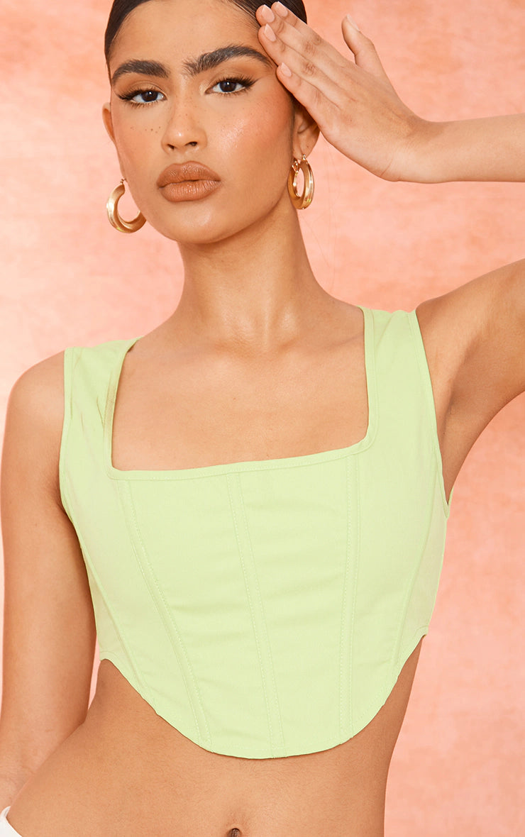 PRETTY LITTLE THING LIME STRETCH WOVEN BONED CORSET CROP TOP