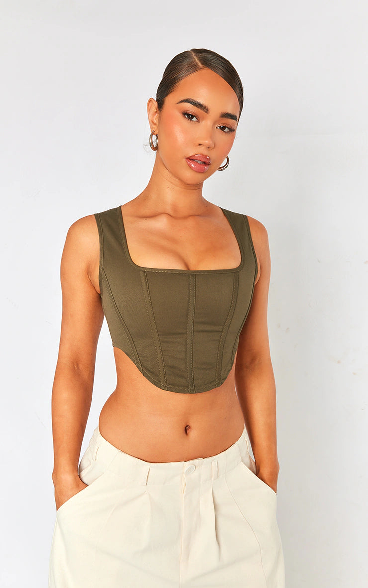 PRETTY LITTLE THING LIME STRETCH WOVEN BONED CORSET CROP TOP