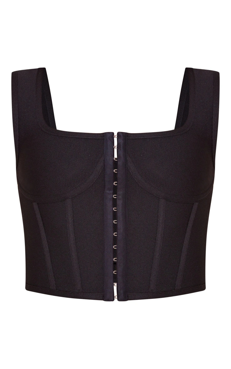 PRETTY LITTLE THING BLACK BANDAGE HOOK AND EYE SQUARE NECK CORSET