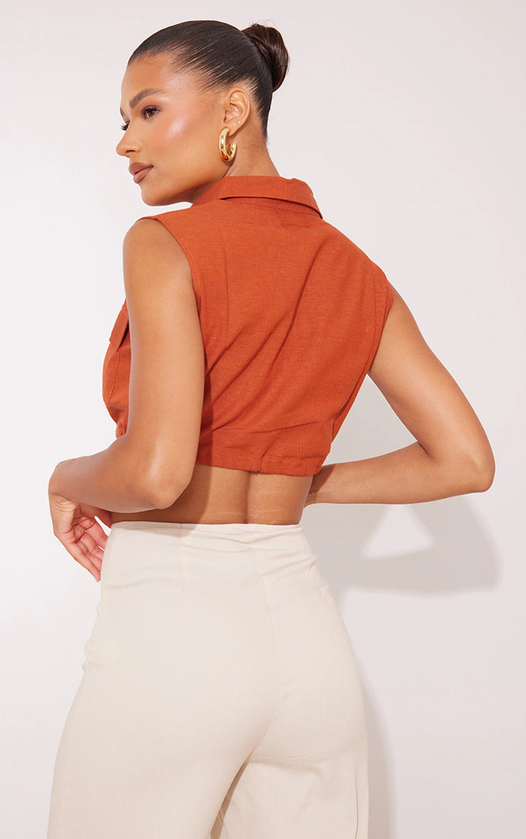 PRETTY LITTLE THING RUST LINEN LOOK POCKET DRAWSTRING WAIST CROP