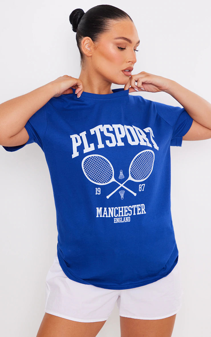 PRETTY LITTLE THING COBALT SPORT TENNIS PRINT T SHIRT