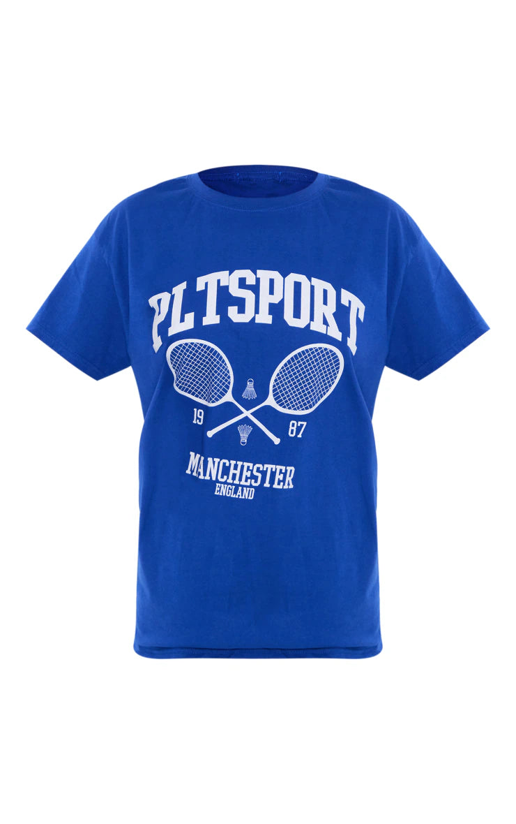 PRETTY LITTLE THING COBALT SPORT TENNIS PRINT T SHIRT