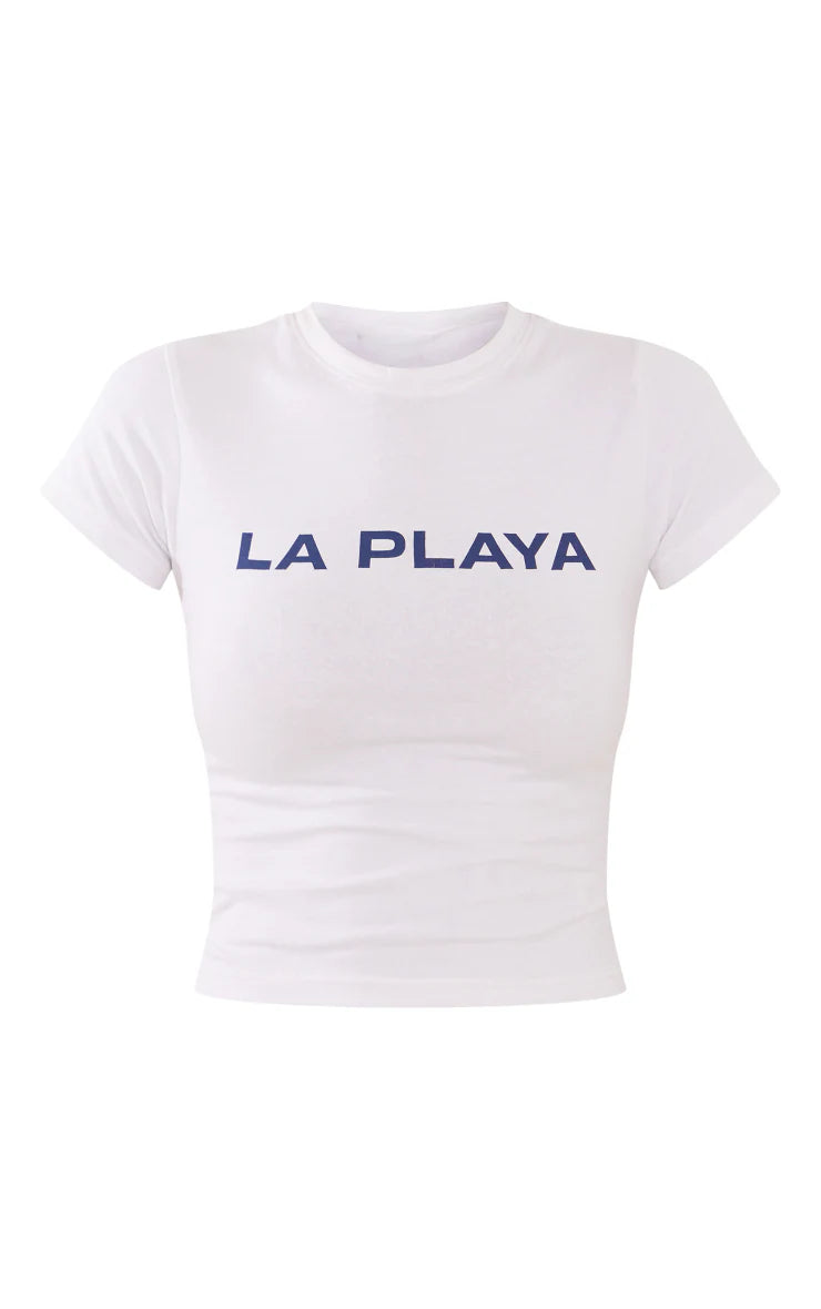 PRETTY LITTLE THING WHITE LA PLAYA PRINTED FITTED LONG T SHIRT