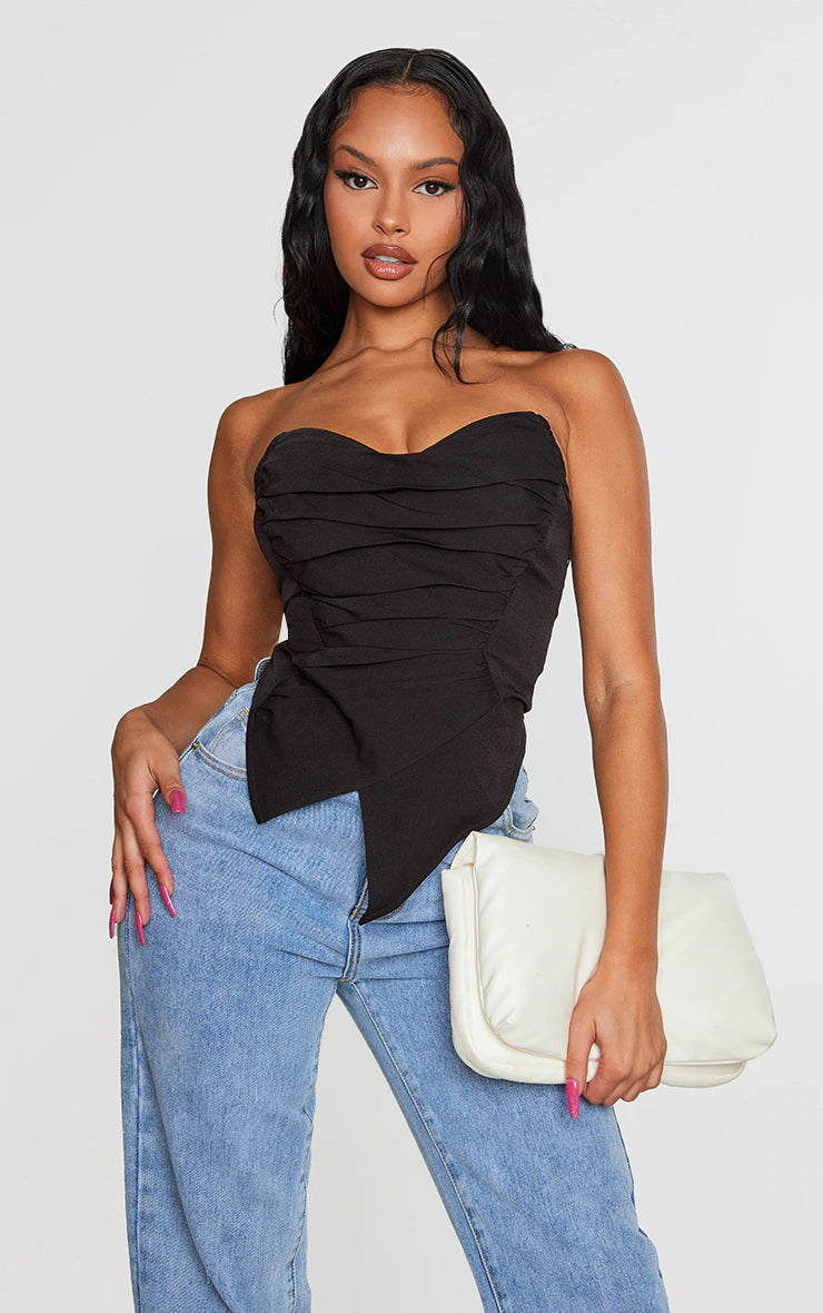 PRETTY LITTLE THING BLACK WOVEN ASYMMETRIC POINTED HEM CORSET