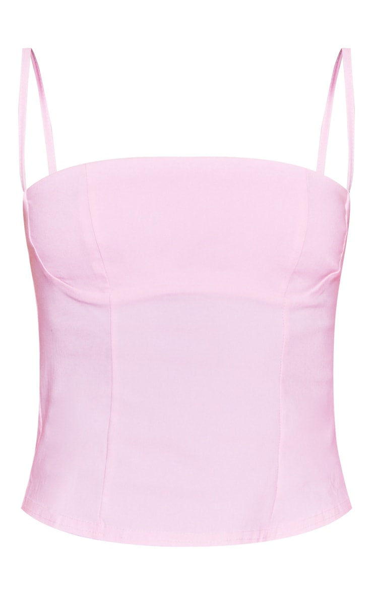 PRETTY LITTLE THING BABY PINK STRETCH WOVEN SPAGHETTI STRAP BUST DETAIL CROP TOP