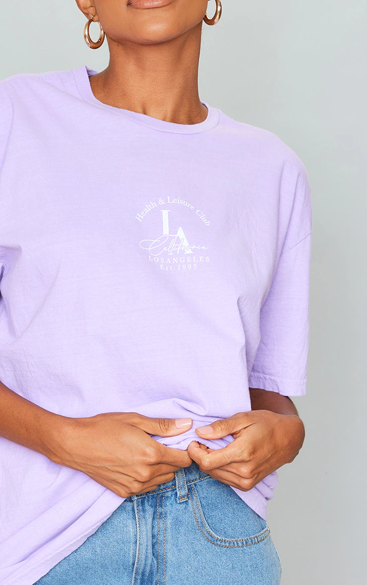 PRETTY LITTLE THING LILAC HEALTH AND LEISURE PRINTED WASHED T SHIRT