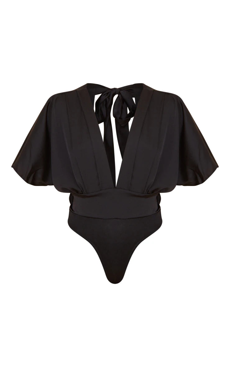 PRETTY LITTLE THING BLACK SATIN PLEATED BAT WING OPEN TIE BACK BODYSUIT