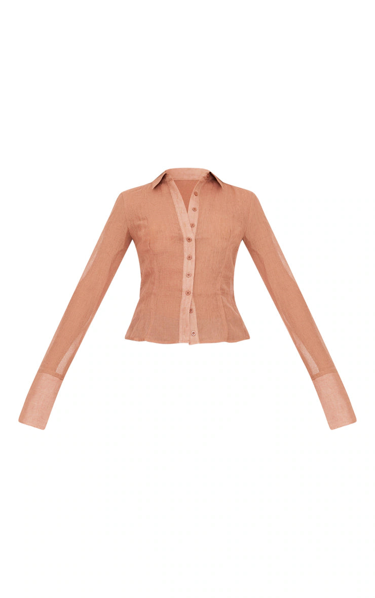 PRETTY LITTLE THING TERRACOTTA SHEER TEXTURED FITTED SHIRT