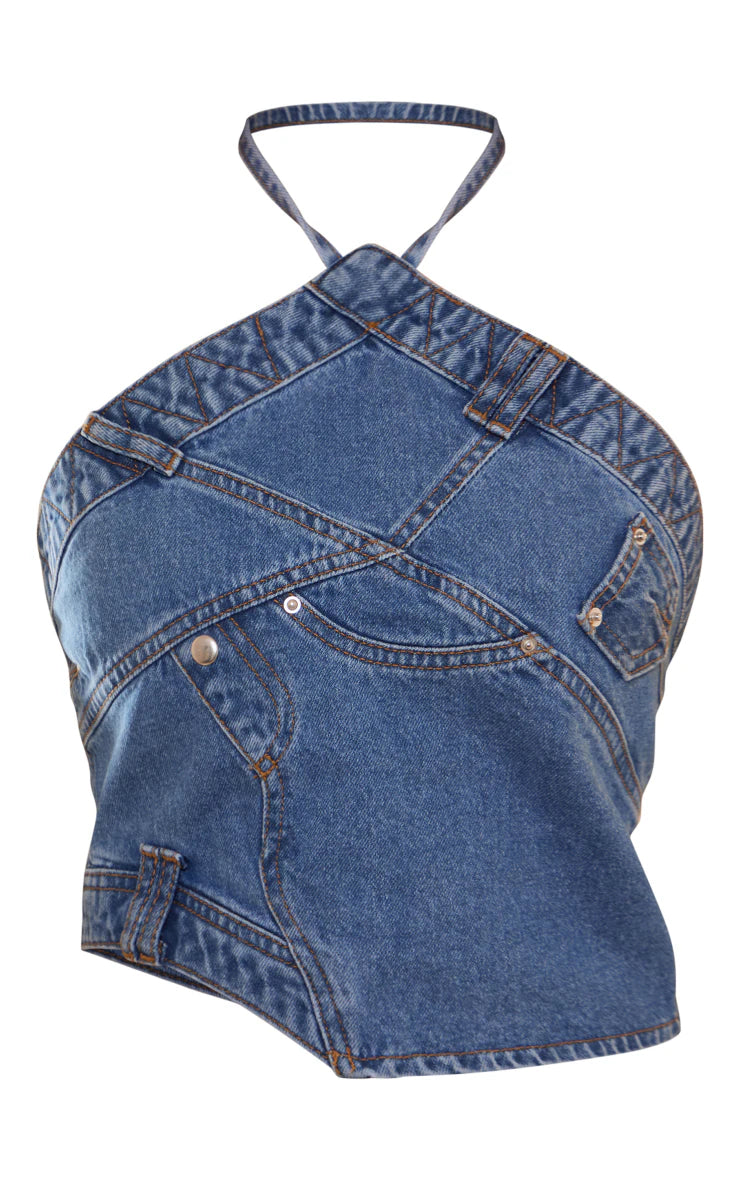 PRETTY LITTLE THING MID BLUE WASH JEANS DETAIL DENIM HALTERNECK TOP