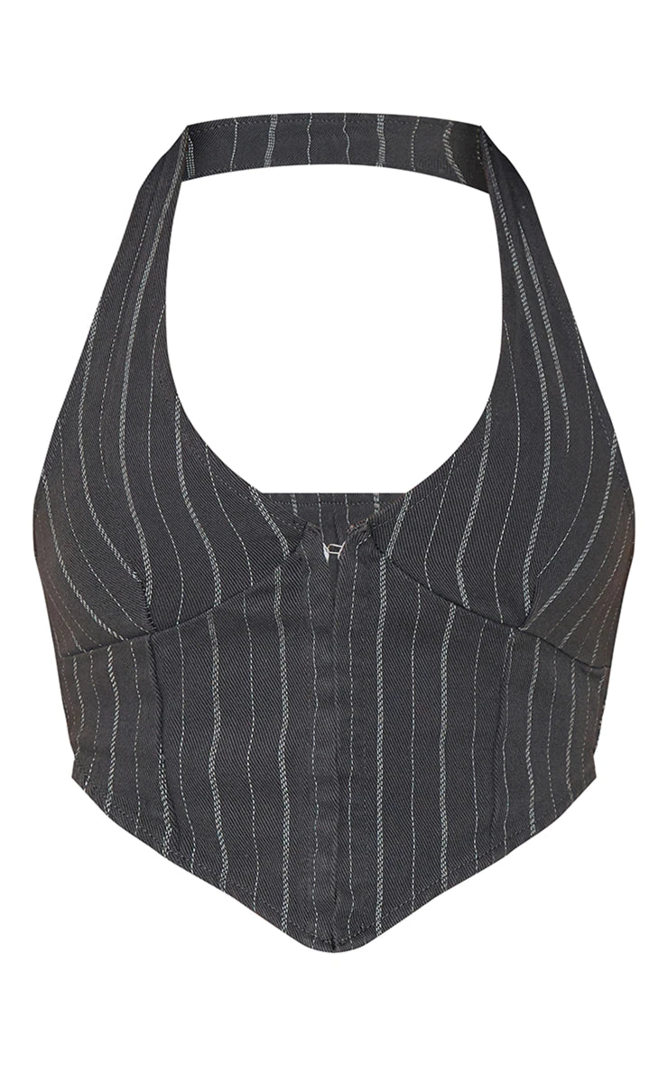 PRETTY LITTLE THING CHARCOAL PINSTRIPE DENIM HALTERNECK TOP