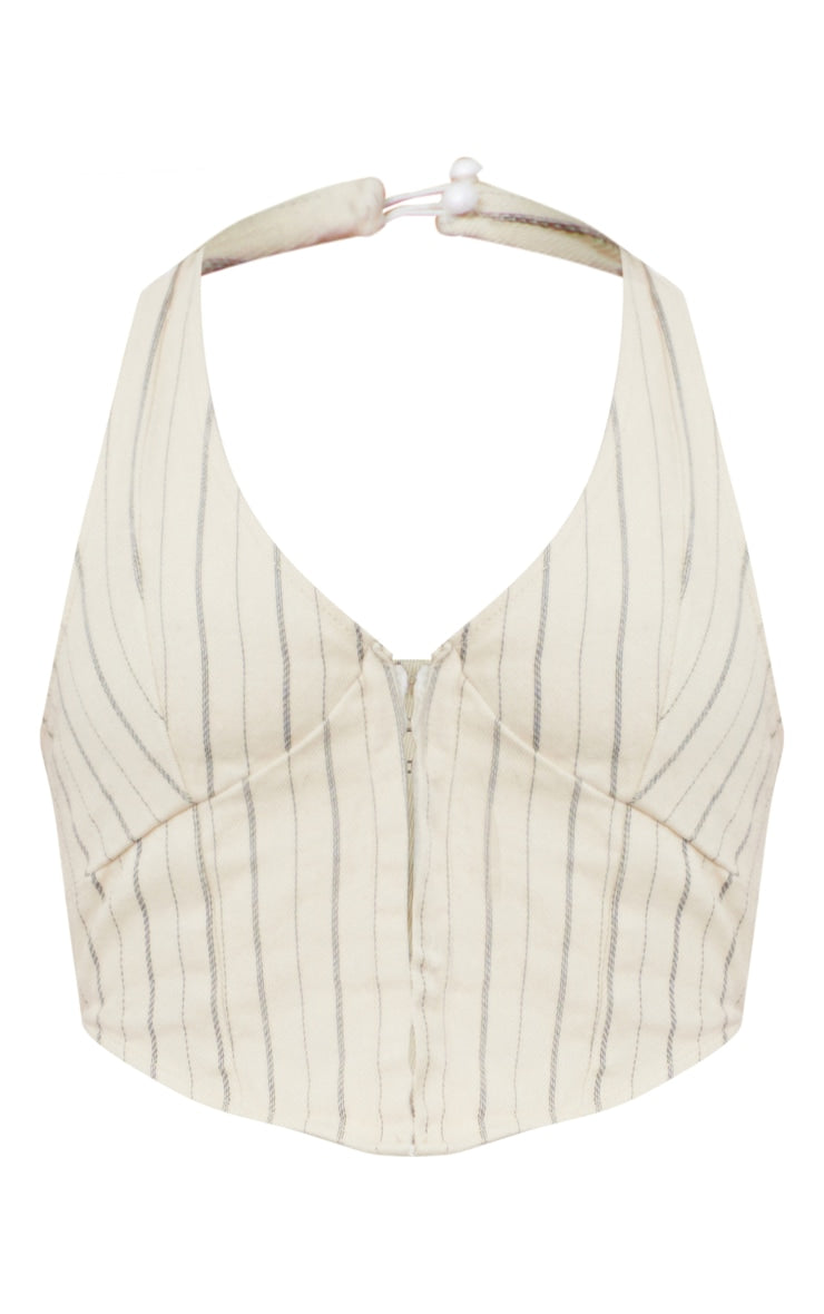 PRETTY LITTLE THING CHARCOAL PINSTRIPE DENIM HALTERNECK TOP