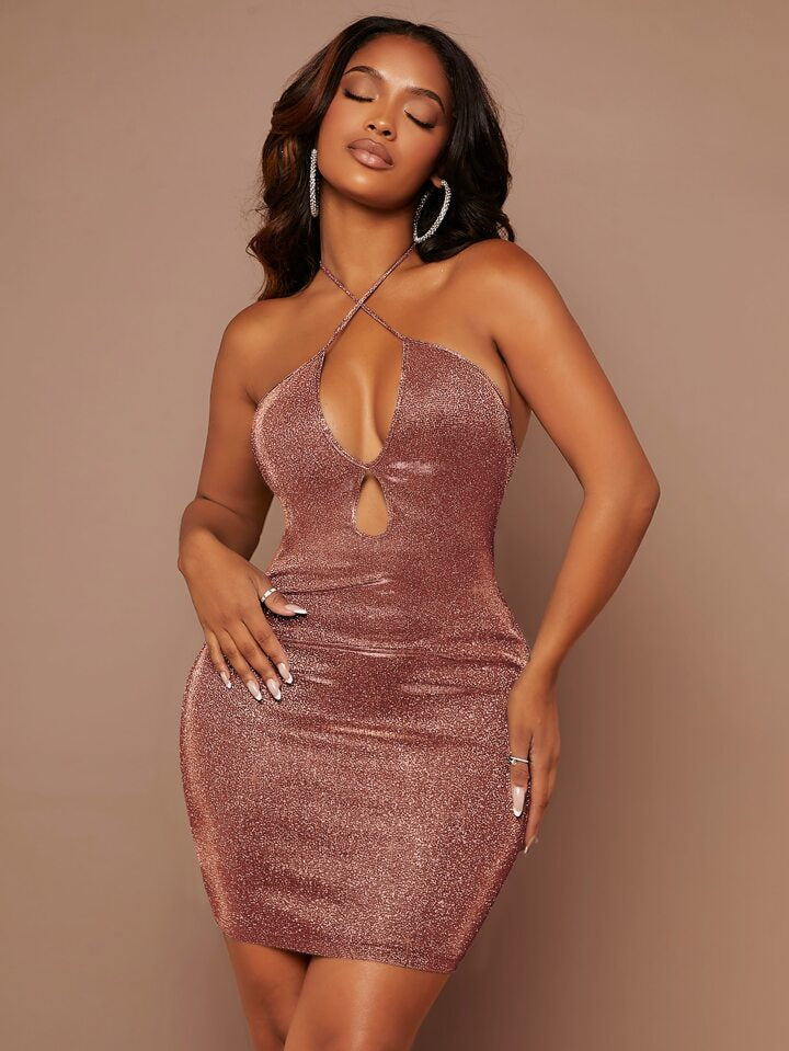 Crisscross Tie Back Metallic Bodycon Dress - 0462