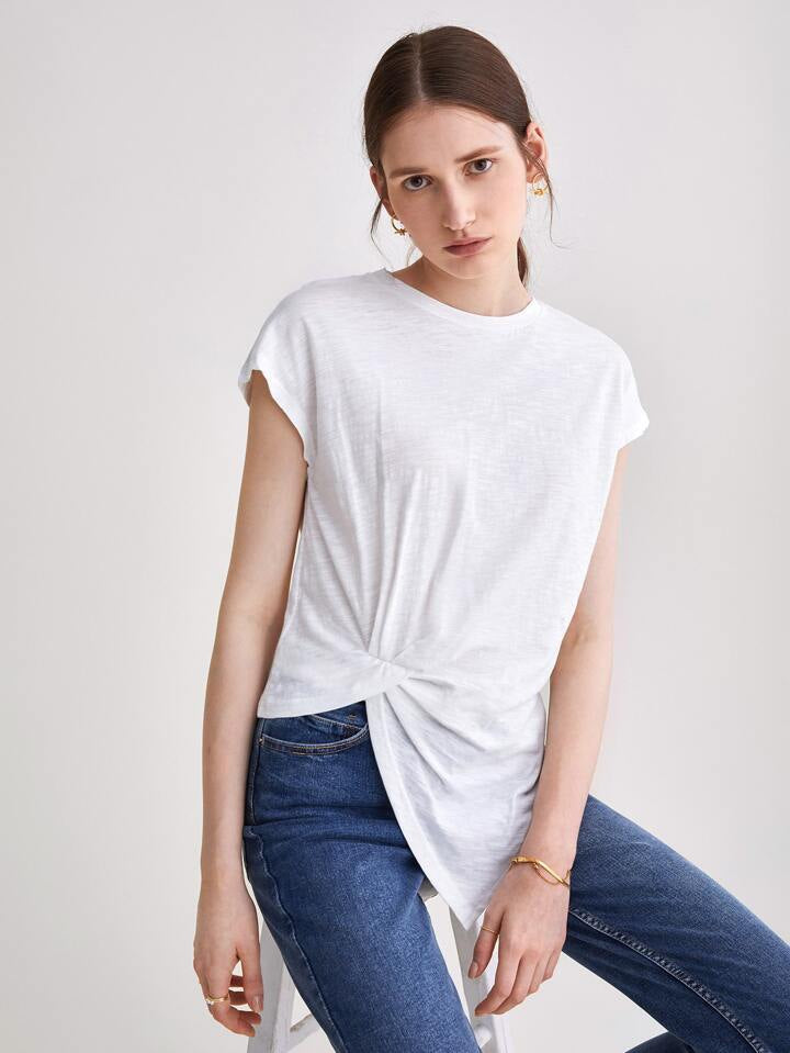 Batwing Sleeve Asymmetrical Hem Tee - 0126