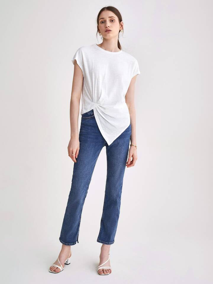 Batwing Sleeve Asymmetrical Hem Tee - 0126