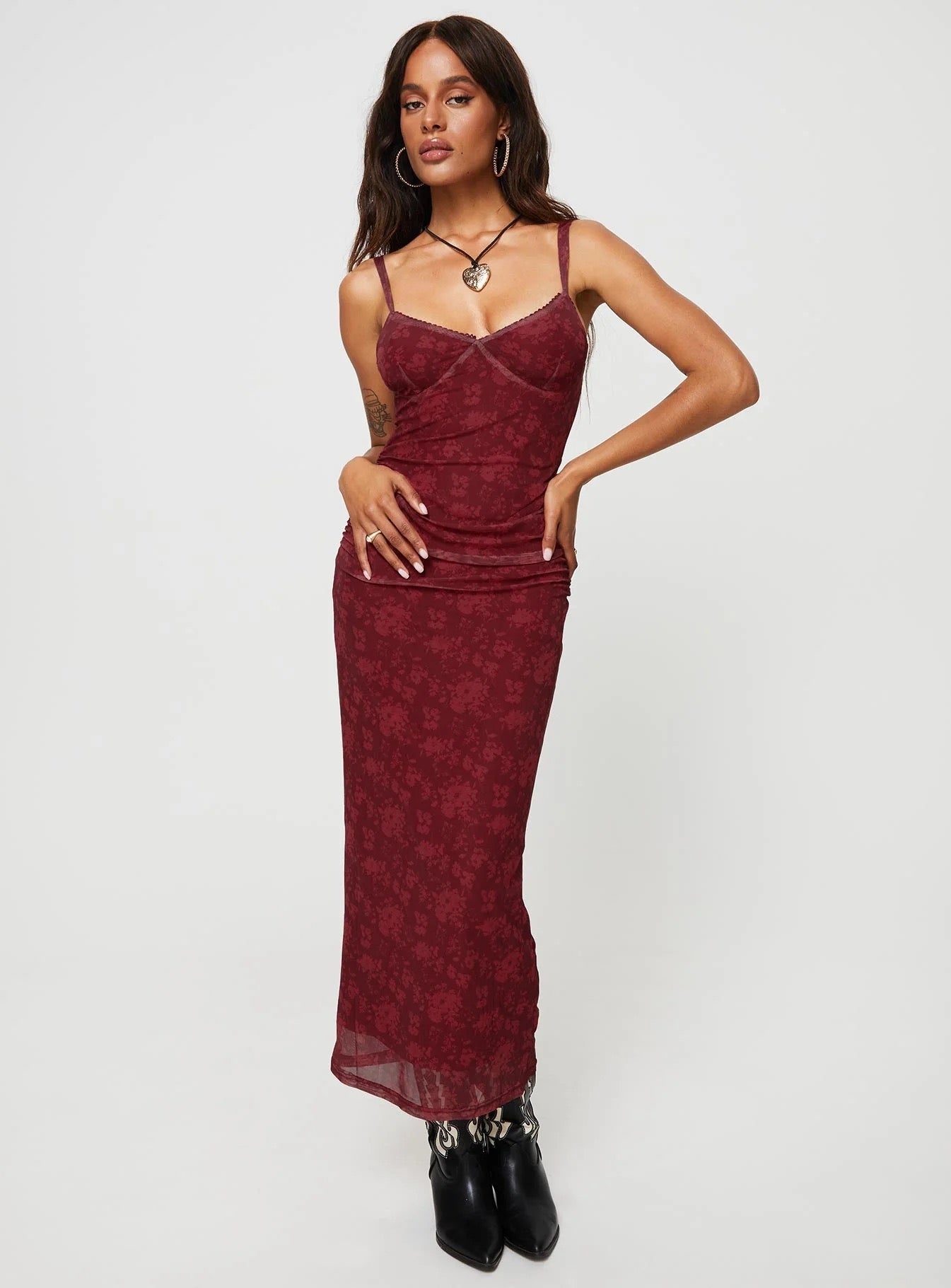 PRINCESS POLLY COTTER MAXI DRESS BURGUNDY FLORAL