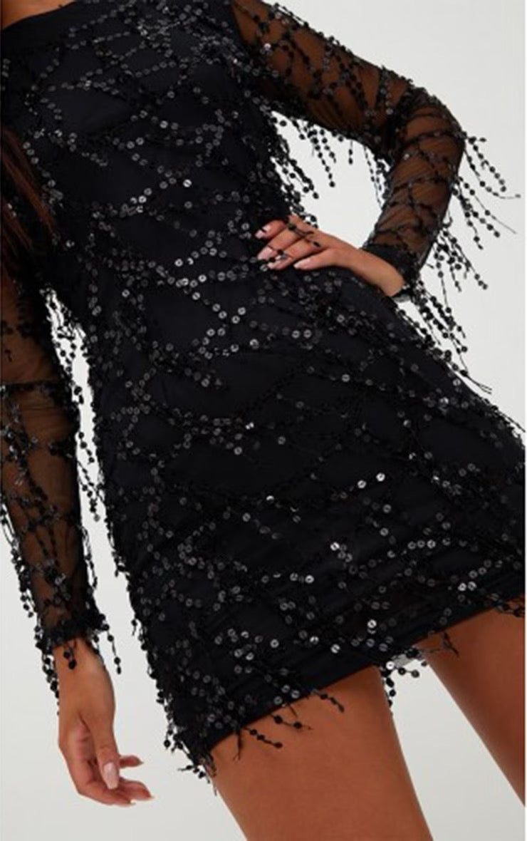 PRETTY LITTLE THING BLACK SEQUIN DETAIL LONG SLEEVE MINI DRESS