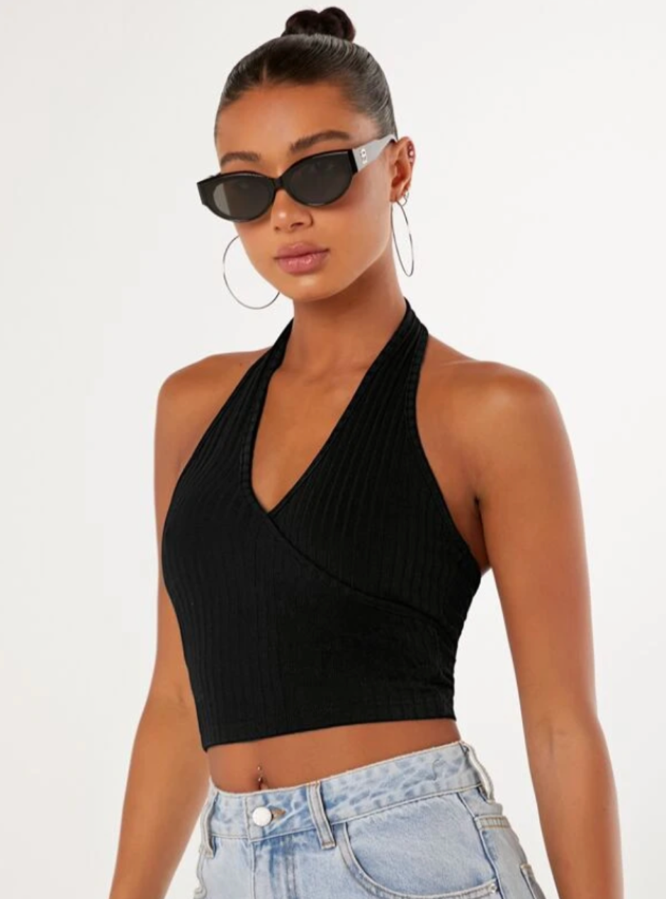 Backless Ribbed Knit Crop Halter Top - 0106