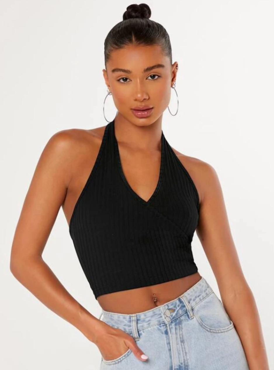 Backless Ribbed Knit Crop Halter Top - 0106