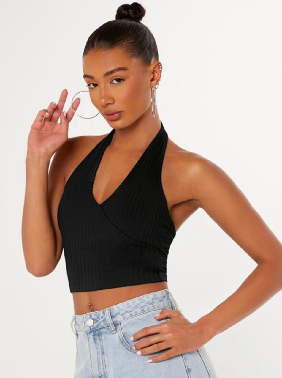 Backless Ribbed Knit Crop Halter Top - 0106