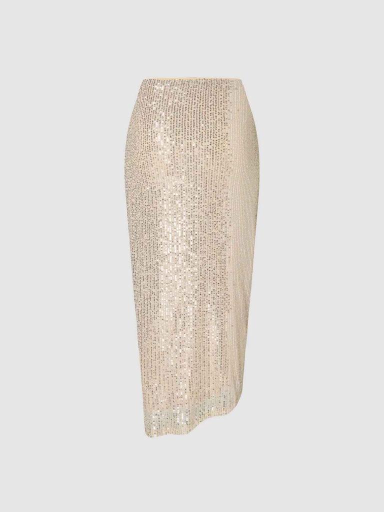 Cider Sequins High Waist Solid Ruched Midi Skirt