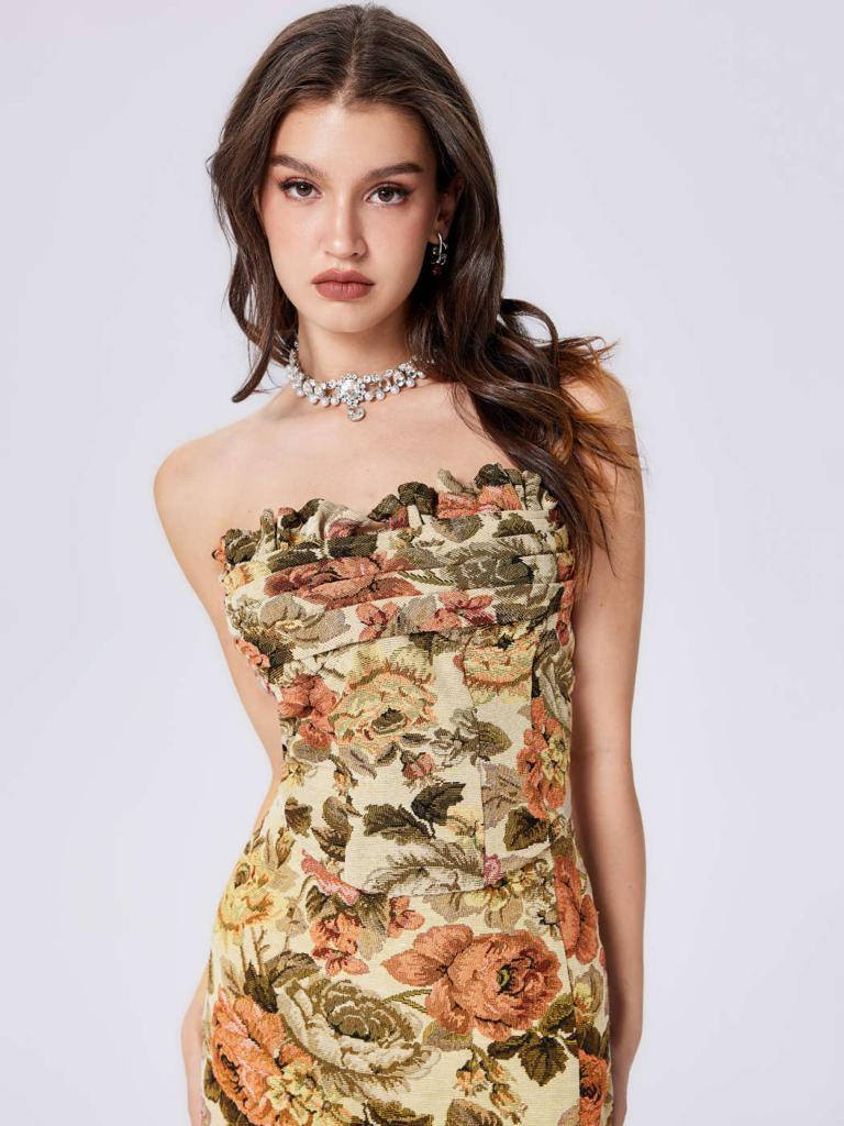 Cider Jacquard Floral Strapless Crop Top