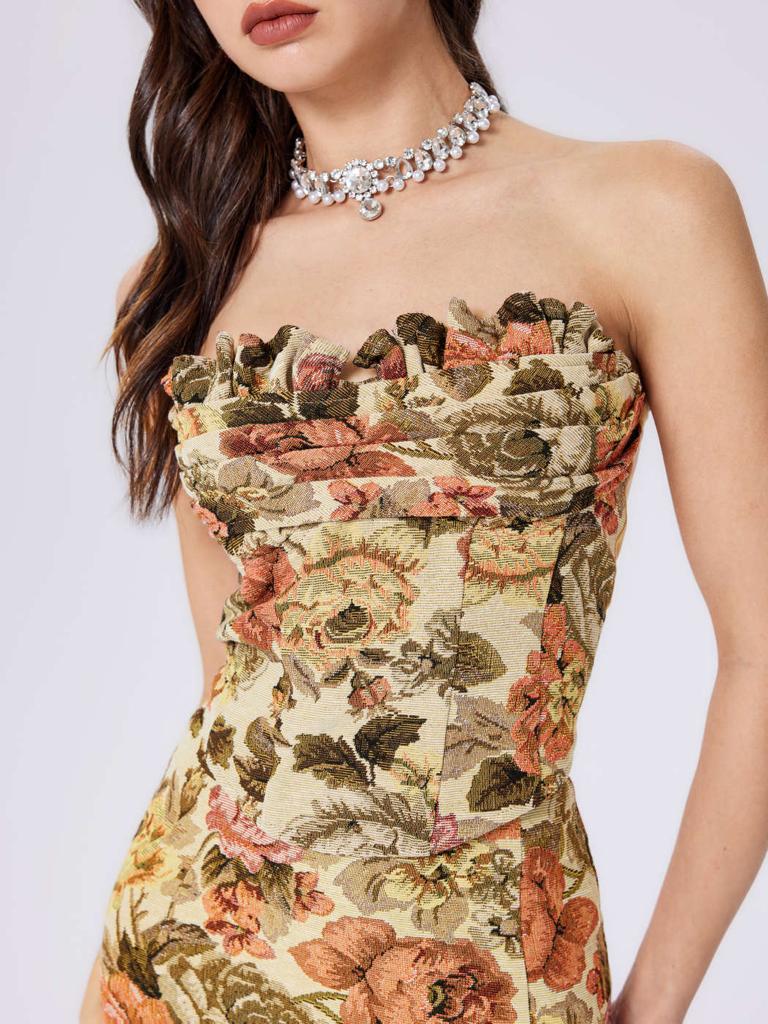 Cider Jacquard Floral Strapless Crop Top