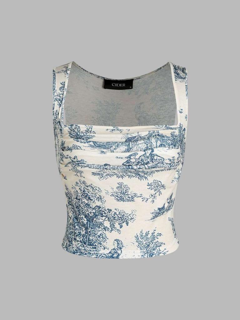 Cider Toile de Jouy Square Neck Tank Top