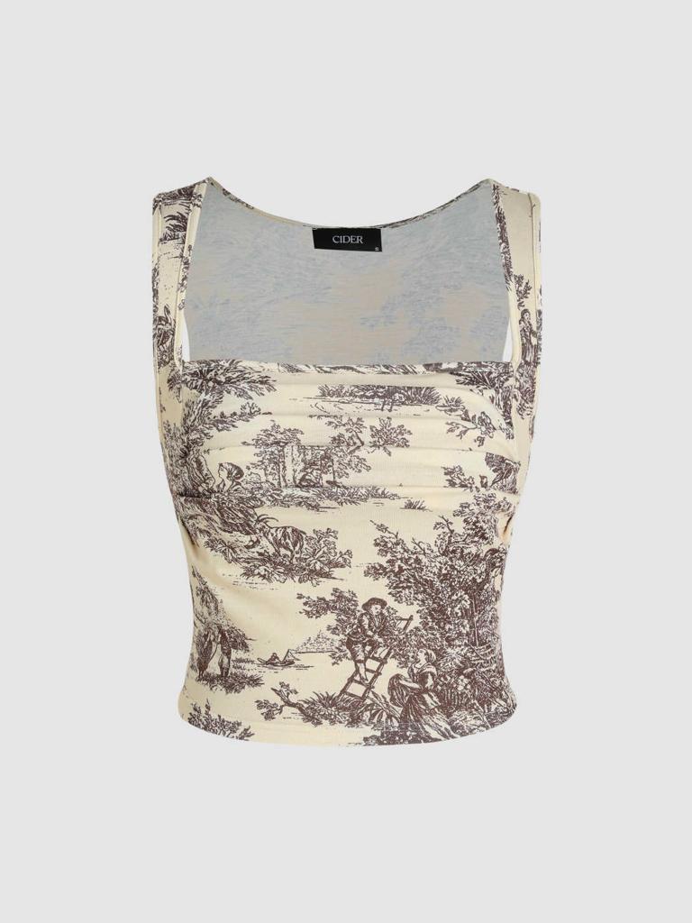 Cider Toile de Jouy Square Neck Tank Top