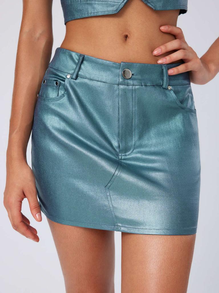 Cider Solid PU Middle Waist Pocket Mini Skirt