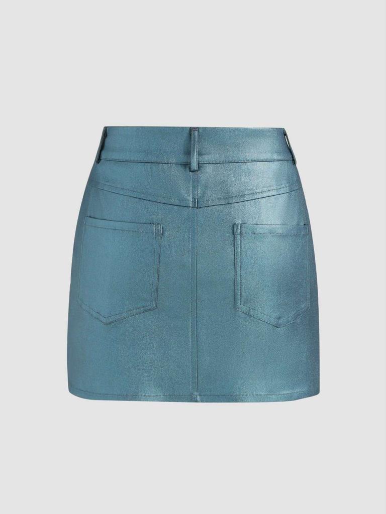 Cider Solid PU Middle Waist Pocket Mini Skirt