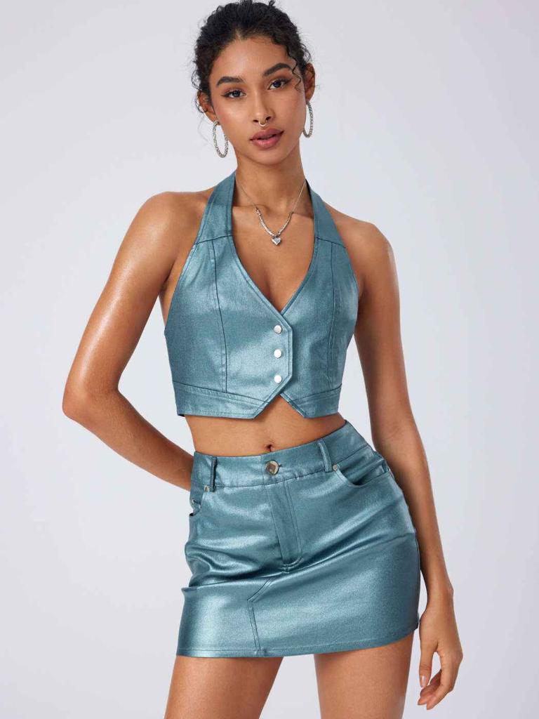 Cider Solid PU Halter Button Crop Top