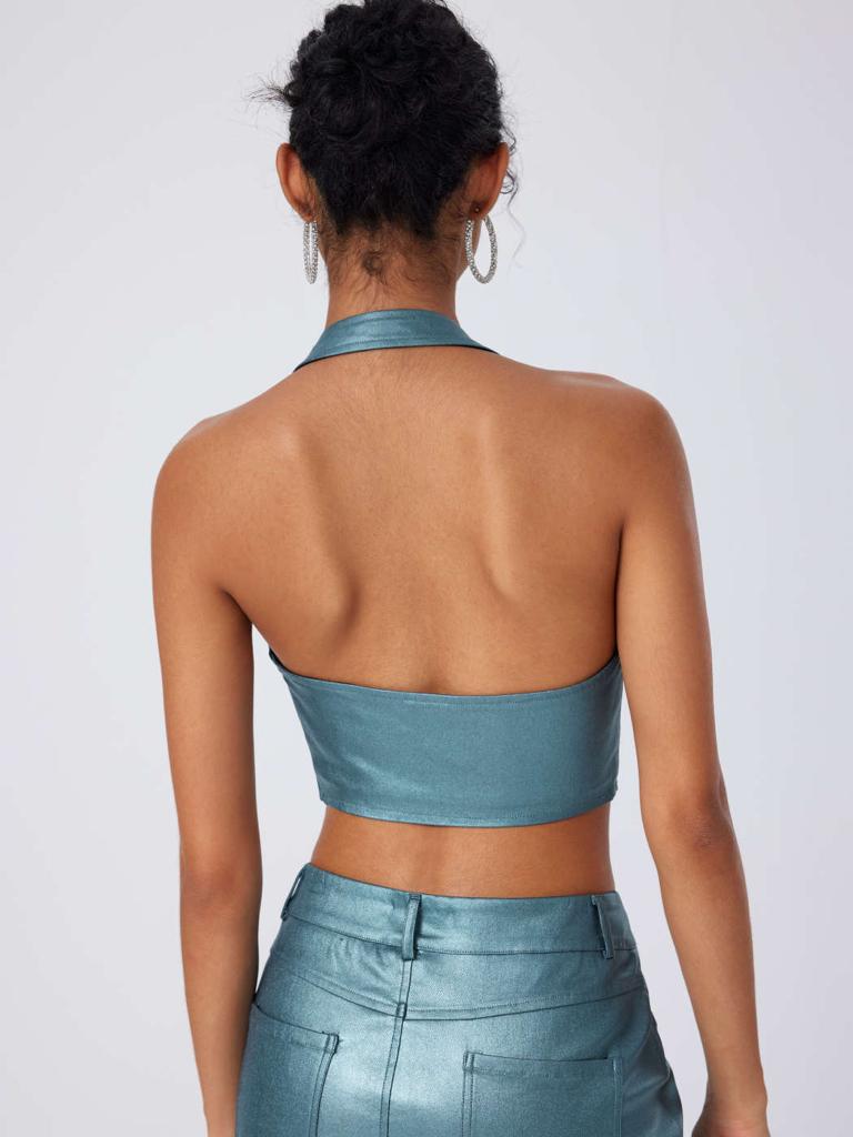 Cider Solid PU Halter Button Crop Top