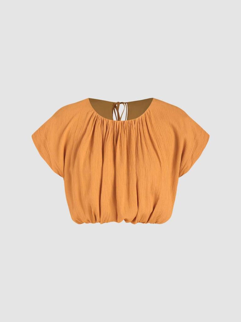 Cider Round Neckline Ruffle Tie Back Top